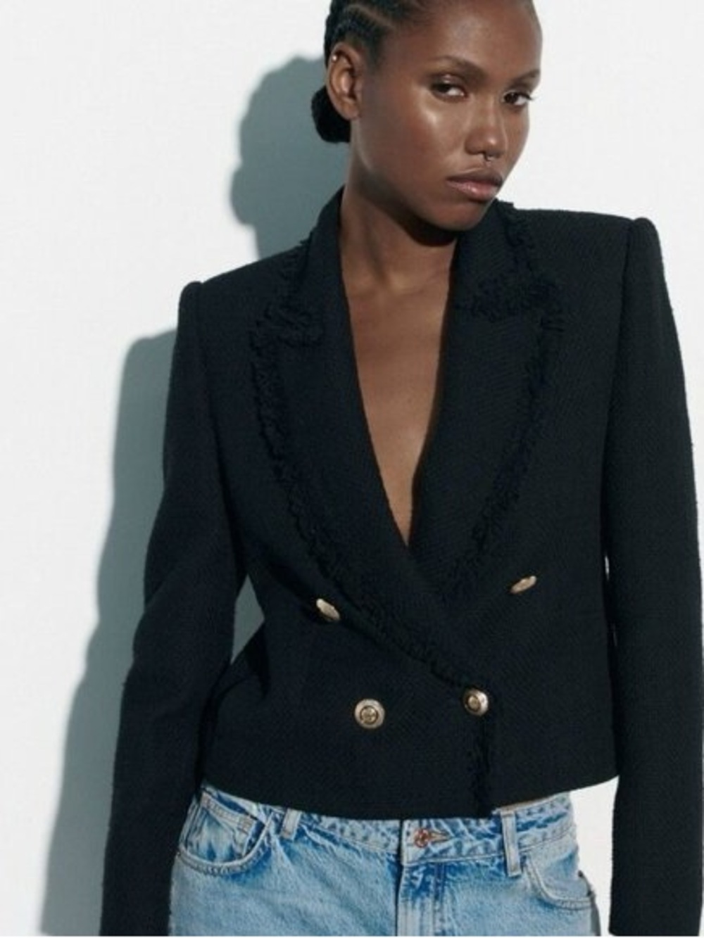 Zara Black Double-Breasted Blazer with Gold Buttons